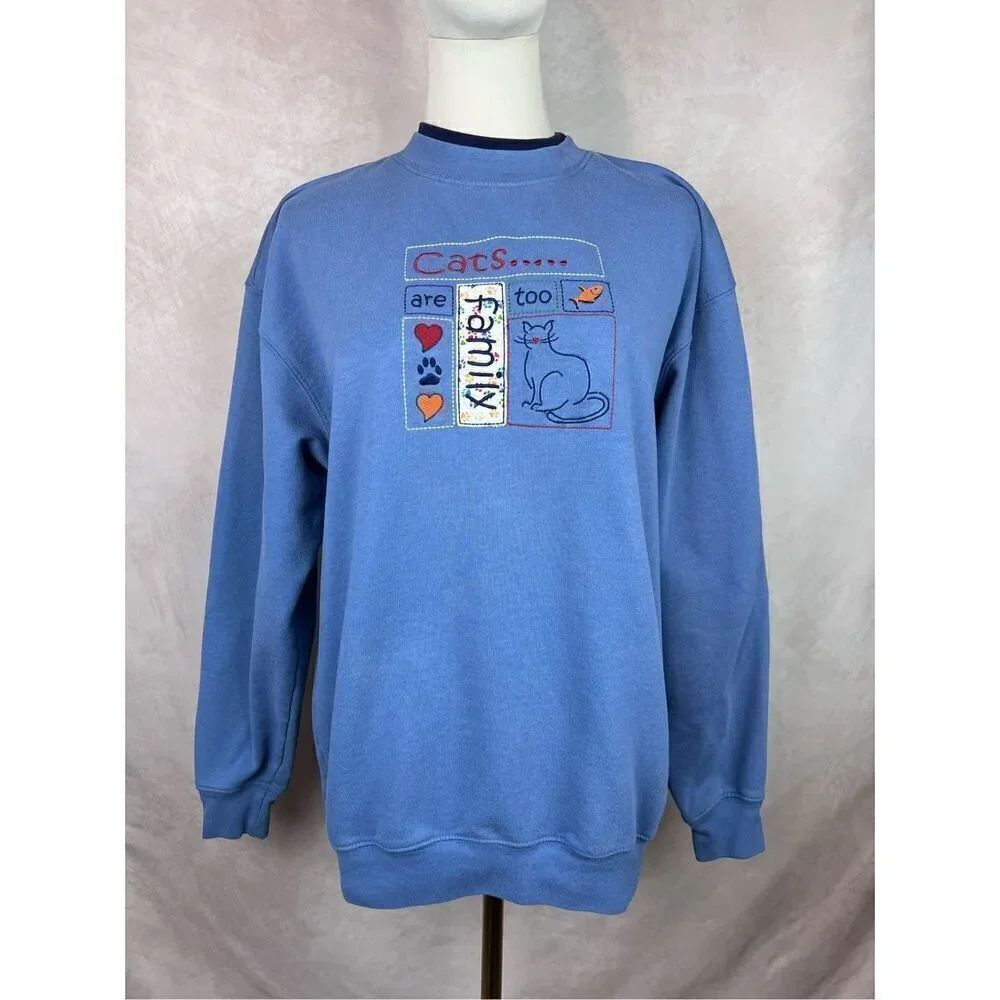 Vintage 90s Y2K Embroidered Cat Crewneck Sweatshirt Kitty Size Medium
